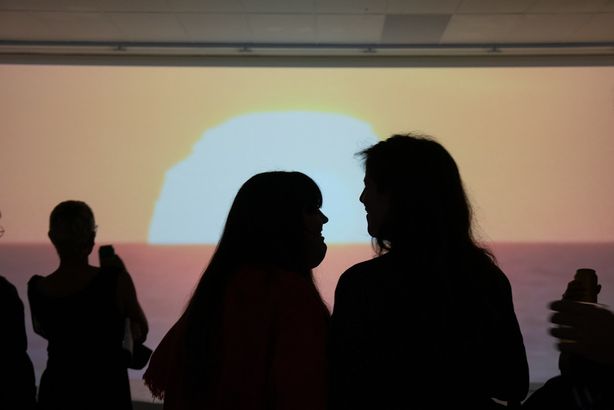 Visitors at the opening of Amrita Hepi, Monumental, 2021, at Gertrude Contemporary. Photo: Machiko Abe. 