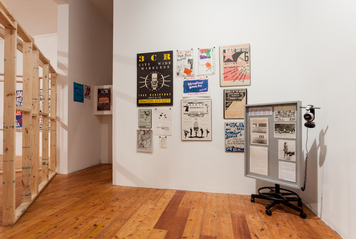 If People Powered Radio: 40 Years of 3CR, 2016, installation at Gertrude Contemporary. Photo: Charlotte Clemens.