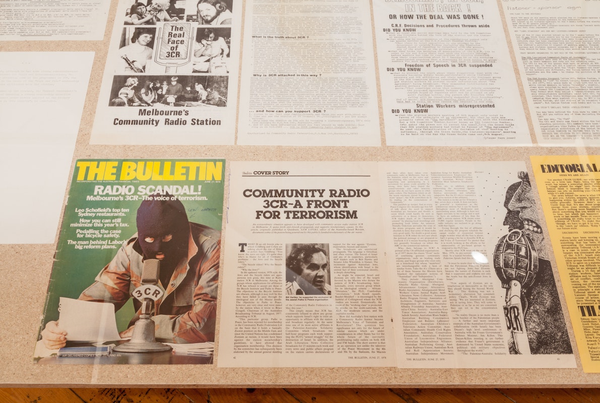 If People Powered Radio: 40 Years of 3CR, 2016, installation at Gertrude Contemporary. Photo: Charlotte Clemens.