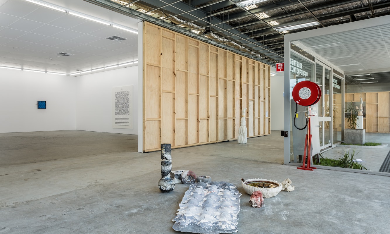 Installation view of Gertrude Studios 2017, featuring work by Adam John Cullen, Rosie Isaac & Olivia Koh at Gertrude Contemporary. Photo: Christo Crocker.