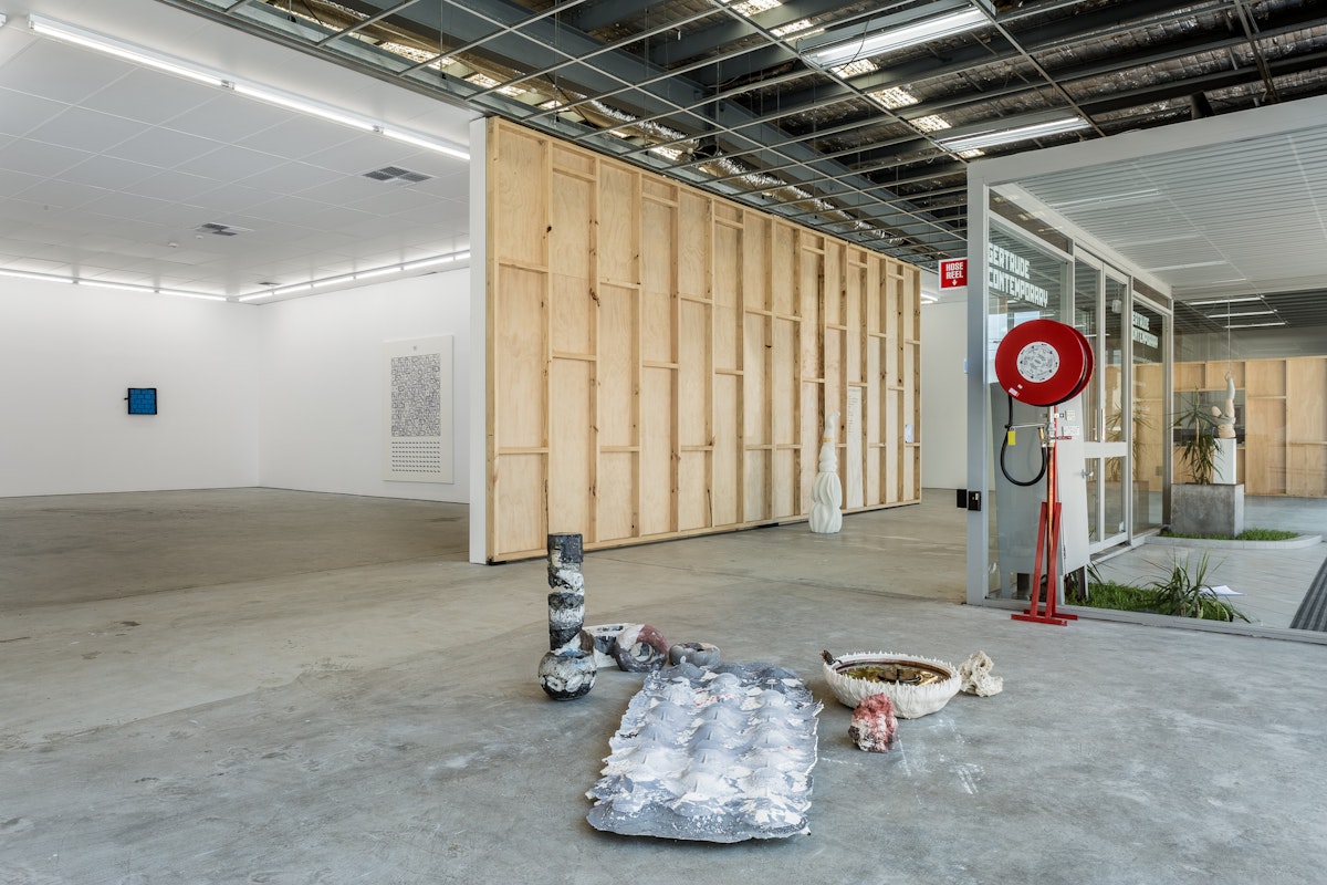 Installation view of Gertrude Studios 2017, featuring work by Adam John Cullen, Rosie Isaac & Olivia Koh at Gertrude Contemporary. Photo: Christo Crocker.