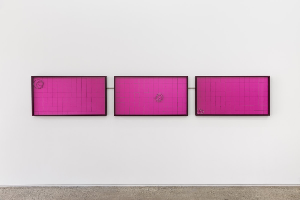 Nik Pantazopoulos, to scratch (Castro pink home made containers, with self sabotaging surface implements, diabond, pigment print, perspex, household dust, hair, spit, breath, and a threaded stainless steel split baton, 400cm x 70cm x 6cm), 2017, presented as part of Dismantle, 2017, at Gertrude Glasshouse. Photo: Christo Crocker.