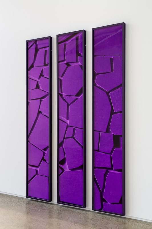 Nik Pantazopoulos, to hover (magenta base oak, homemade containers, diabond, pigment print, perspex with household dust and stainless steel split batons, 3 x 250cm x 45cm x 6cm), 2017, presented as part of Dismantle, 2017, at Gertrude Glasshouse. Photo: Christo Crocker.