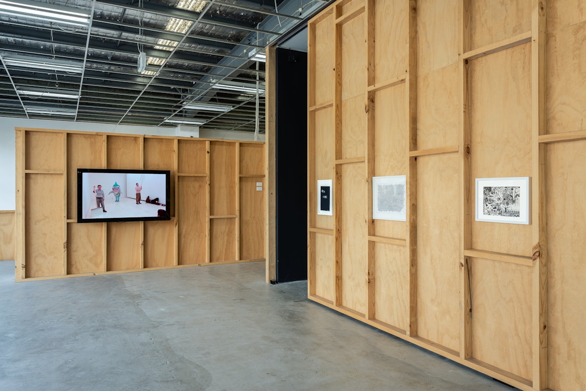 Installation view of Zzzzz: Sleep, Somnambulism, Madness, 2018, curated by Mark Feary, featuring work by Barbira Kleinhamplová and Lee Hadwin at Gertrude Contemporary. Photo: Christo Crocker. 