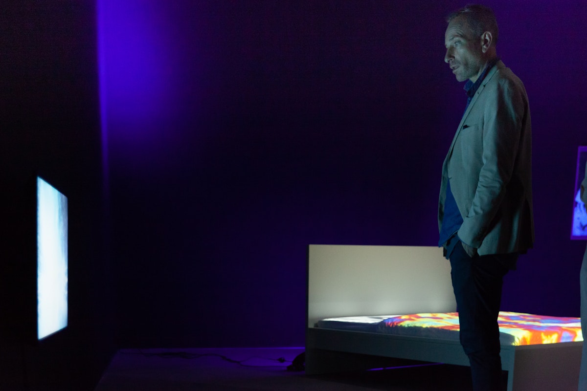 Visitor at the opening of Zzzzz: Sleeping, Somnambulism, Madness, 2018, curated by Mark Feary, at Gertrude Contemporary. Photo: Daniel Gardeazabal.