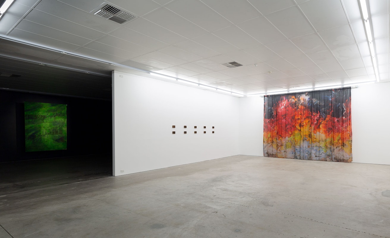 Installation view of Octopus 21: On Fire, 2021, featuring work by Judy Watson, Warraba Weatherall, and Jemima Wyman at Gertrude Contemporary. Photo: Christian Capurro.