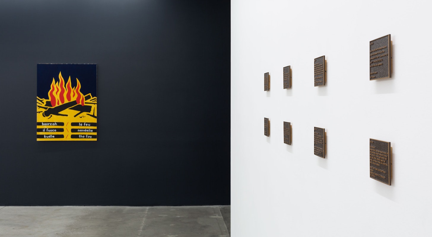 Installation view of Octopus 21: On Fire, 2021, featuring work by Gordon Bennett and Warraba Weatherall at Gertrude Contemporary. Photo: Christian Capurro.