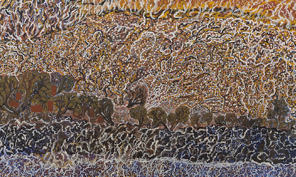 Mavis Ngallametta, detail of Bush Fire Burning at Kuchendoopen, 2015, natural ochres and charcoal with acrylic binder on linen, 271 x 200cm. Courtesy of the collection of Peter Lamell and Jane Campton, Melbourne.