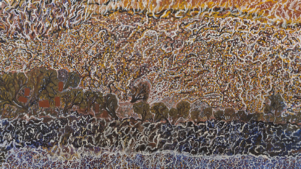 Mavis Ngallametta, detail of Bush Fire Burning at Kuchendoopen, 2015, natural ochres and charcoal with acrylic binder on linen, 271 x 200cm. Courtesy of the collection of Peter Lamell and Jane Campton, Melbourne.