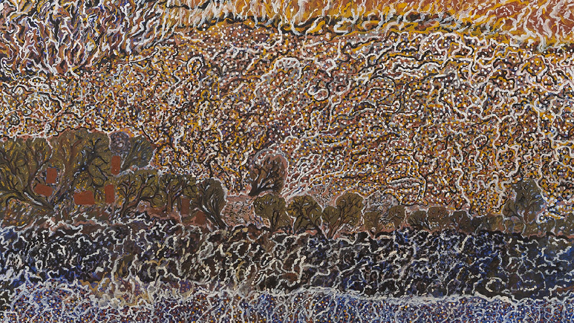 Mavis Ngallametta, detail of Bush Fire Burning at Kuchendoopen, 2015, natural ochres and charcoal with acrylic binder on linen, 271 x 200cm. Courtesy of the collection of Peter Lamell and Jane Campton, Melbourne.