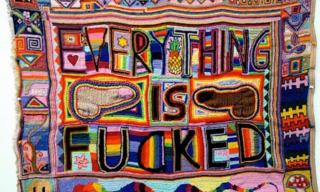 Paul Yore, Everything is Fucked, 2012, wool needlepoint, 85 x 68 cm (irregular)