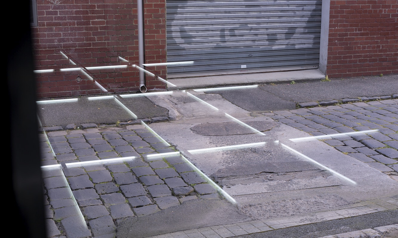 Justin Balmain, reflection on the exterior of Gertrude Glasshouse, All Structures Are As One: Potent, Adaptable, Removable, 2021. Photo: Christian Capurro. 