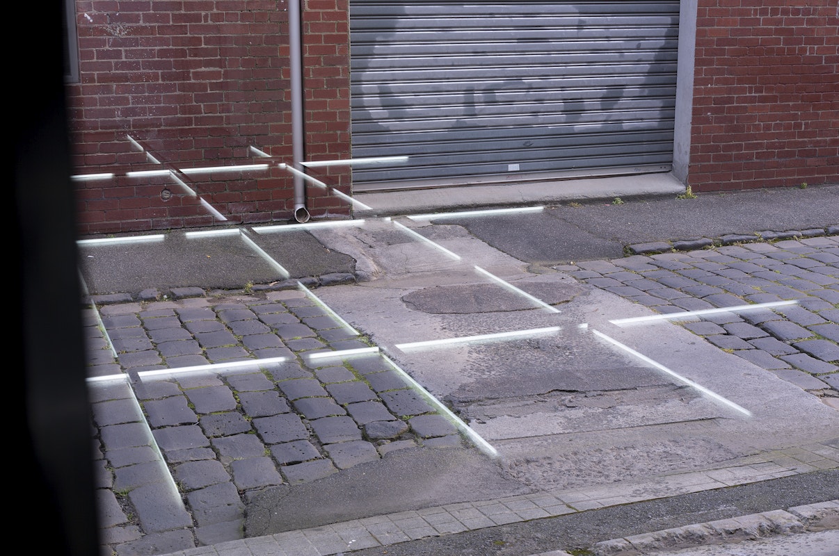 Justin Balmain, reflection on the exterior of Gertrude Glasshouse, All Structures Are As One: Potent, Adaptable, Removable, 2021. Photo: Christian Capurro.