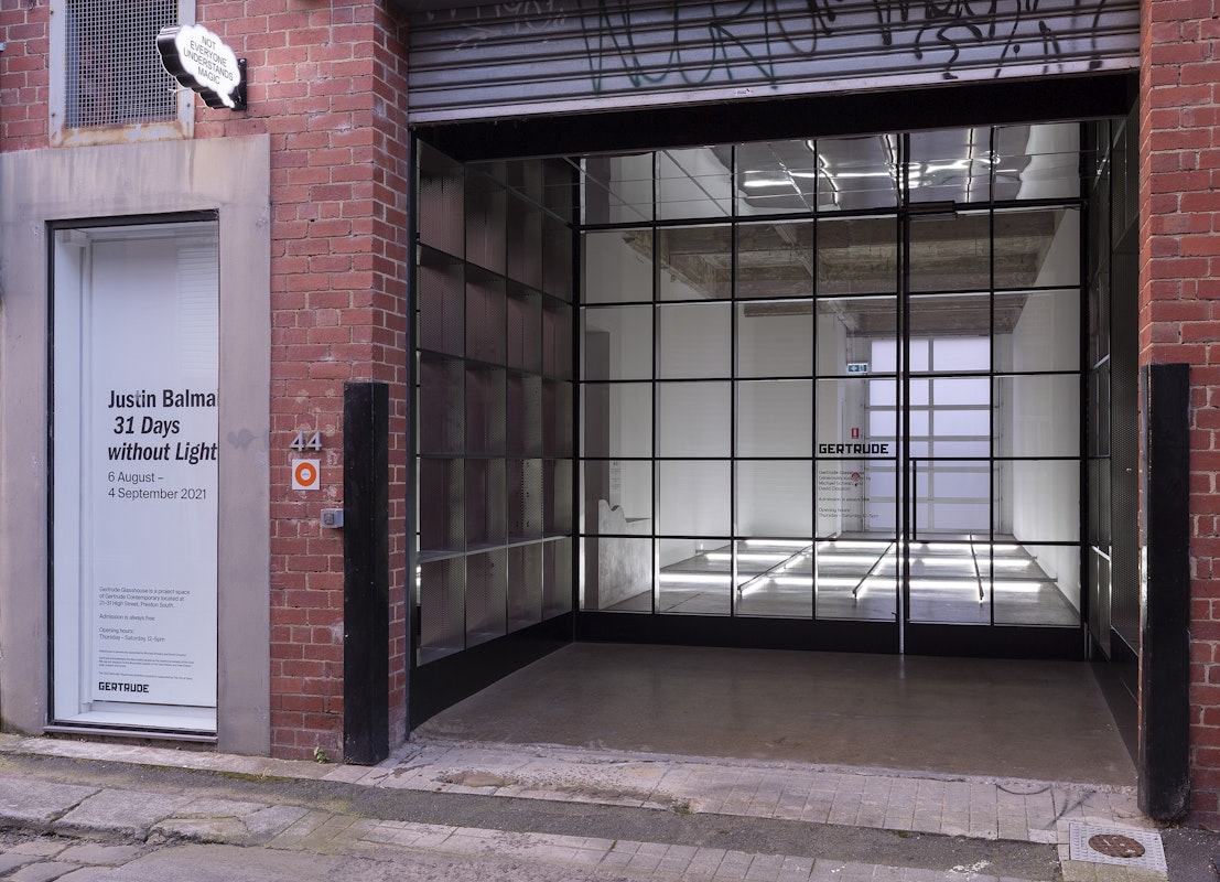 Installation image of Justin Balmain's exhibition 31 Days without Light at Gertrude Glasshouse. Photo: Christian Capurro.