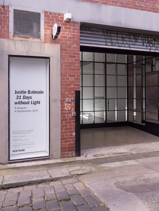 Installation image of Justin Balmain's exhibition 31 Days without Light at Gertrude Glasshouse. Photo: Christian Capurro.