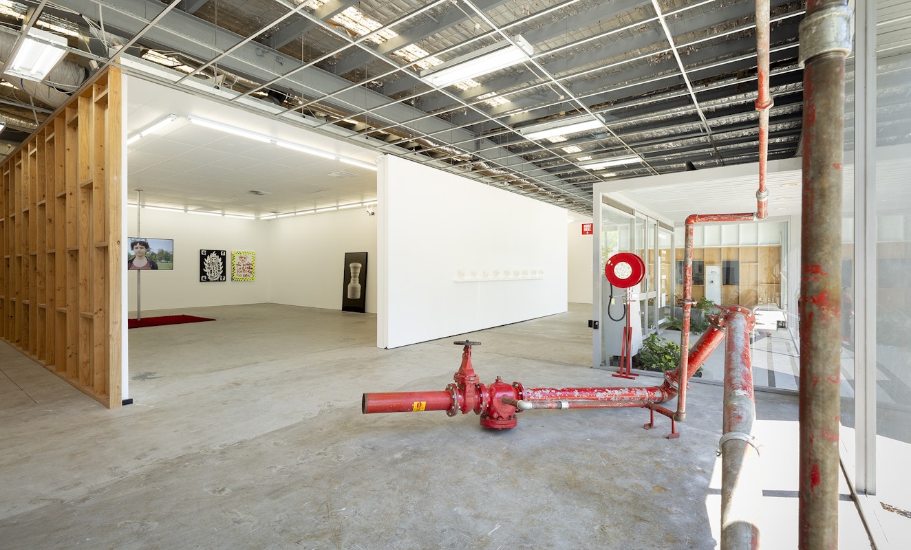 Installation view of Gertrude Studios 2021: If Not At Arm's Length, curated by Tim Riley Walsh, featuring work by Amrita Hepi, Jason Phu, Catherine Bell, Joseph L. Griffiths, and Hoda Afshar at Gertrude Contemporary.  Photo: Christian Capurro. 