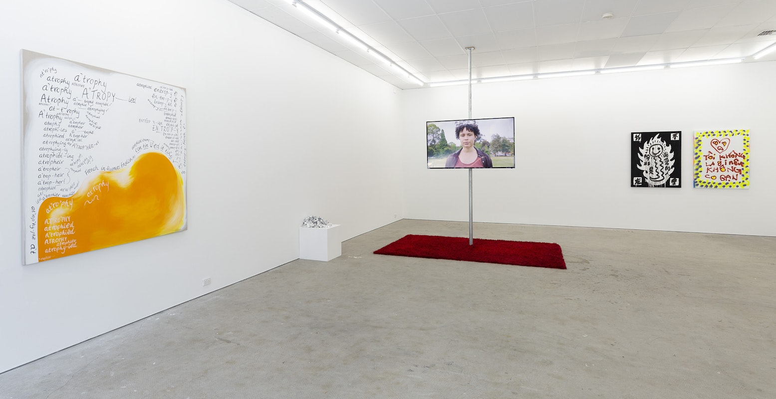 Installation view of Gertrude Studios 2021: If Not At Arm's Length, curated by Tim Riley Walsh, featuring work by Darcey Bella Arnold, Amrita Hepi, and Jason Phu at Gertrude Contemporary.  Photo: Christian Capurro. 