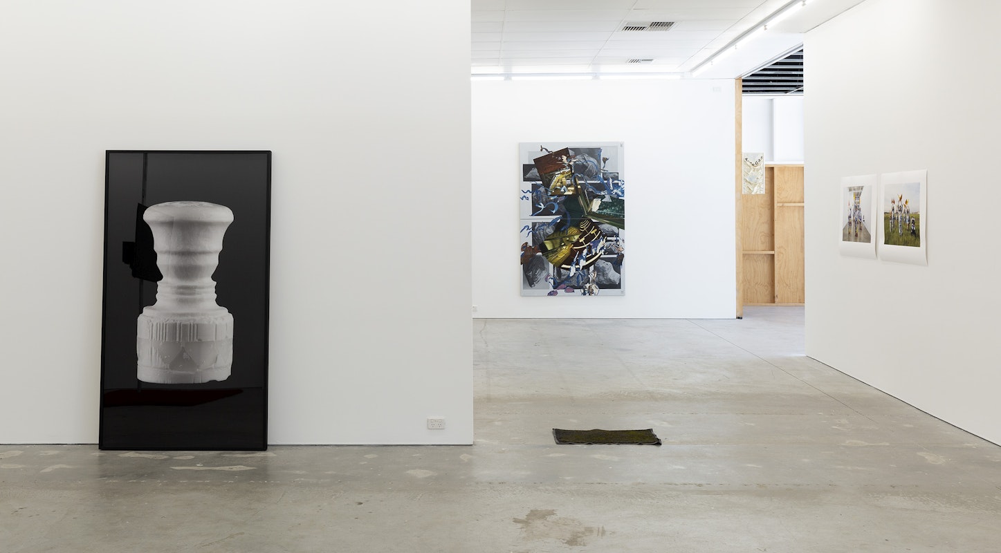 Installation view of Gertrude Studios 2021: If Not At Arm's Length, curated by Tim Riley Walsh, featuring work by Catherine Bell, James Ngyuen, Ann Debono, Narelle Desmond, and Kay Abude at Gertrude Contemporary.  Photo: Christian Capurro.