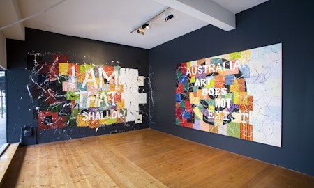 Installation view of Richard Bell 'Window Shopping' at 200 Gertrude Street