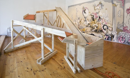 Installation view of Oblivion Pavilion, featuring the work of Marley Dawson, Tim Schultz and Agatha Goethe-Snape at 200 Gertrude Street, Naarm Melbourne. Courtesy and copyright the artists. Image courtesy of the Gertrude Archive.