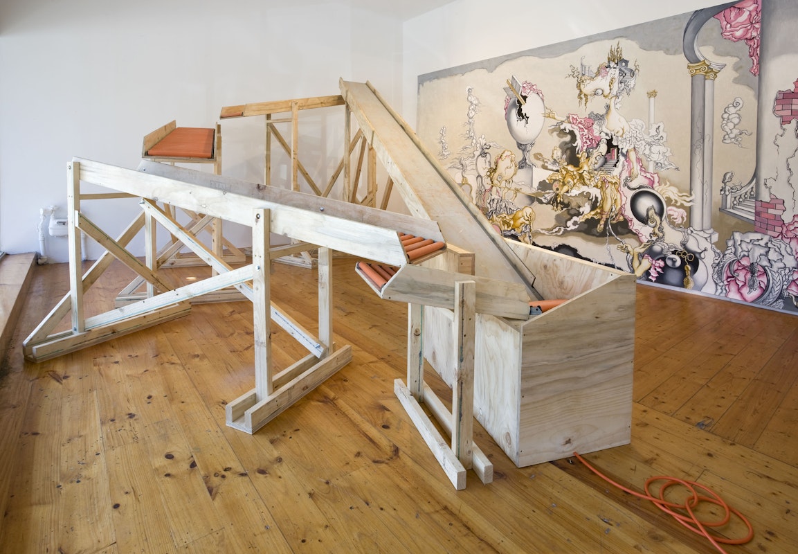 Installation view of Oblivion Pavilion, featuring the work of Marley Dawson, Tim Schultz and Agatha Goethe-Snape at 200 Gertrude Street, Naarm Melbourne. Courtesy and copyright the artists. Image courtesy of the Gertrude Archive.