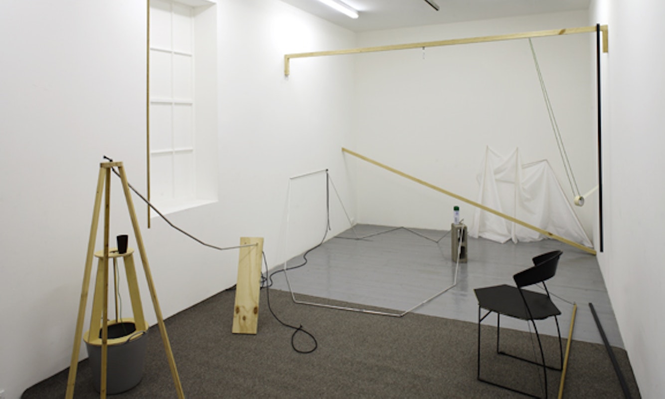 Installation view of Bianca Hester, 'Provisional Devices for the Production of a Propositional Living Space' at Studio 12