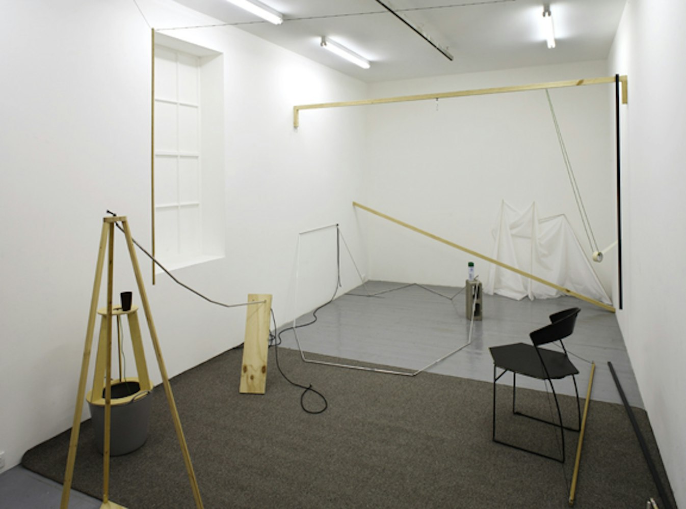 Installation view of Bianca Hester, 'Provisional Devices for the Production of a Propositional Living Space' at Studio 12 