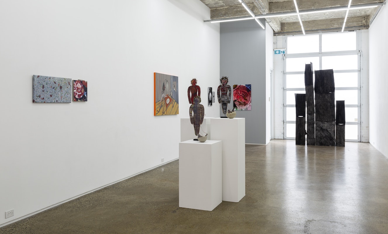 Installation image of Exposure Site at Gertrude Glasshouse, featuring artworks by Lisa Waup, Nina Sanadze, Ruth Höflich, Gian Manik and Mia Boe. Image: Christopher Capurro.