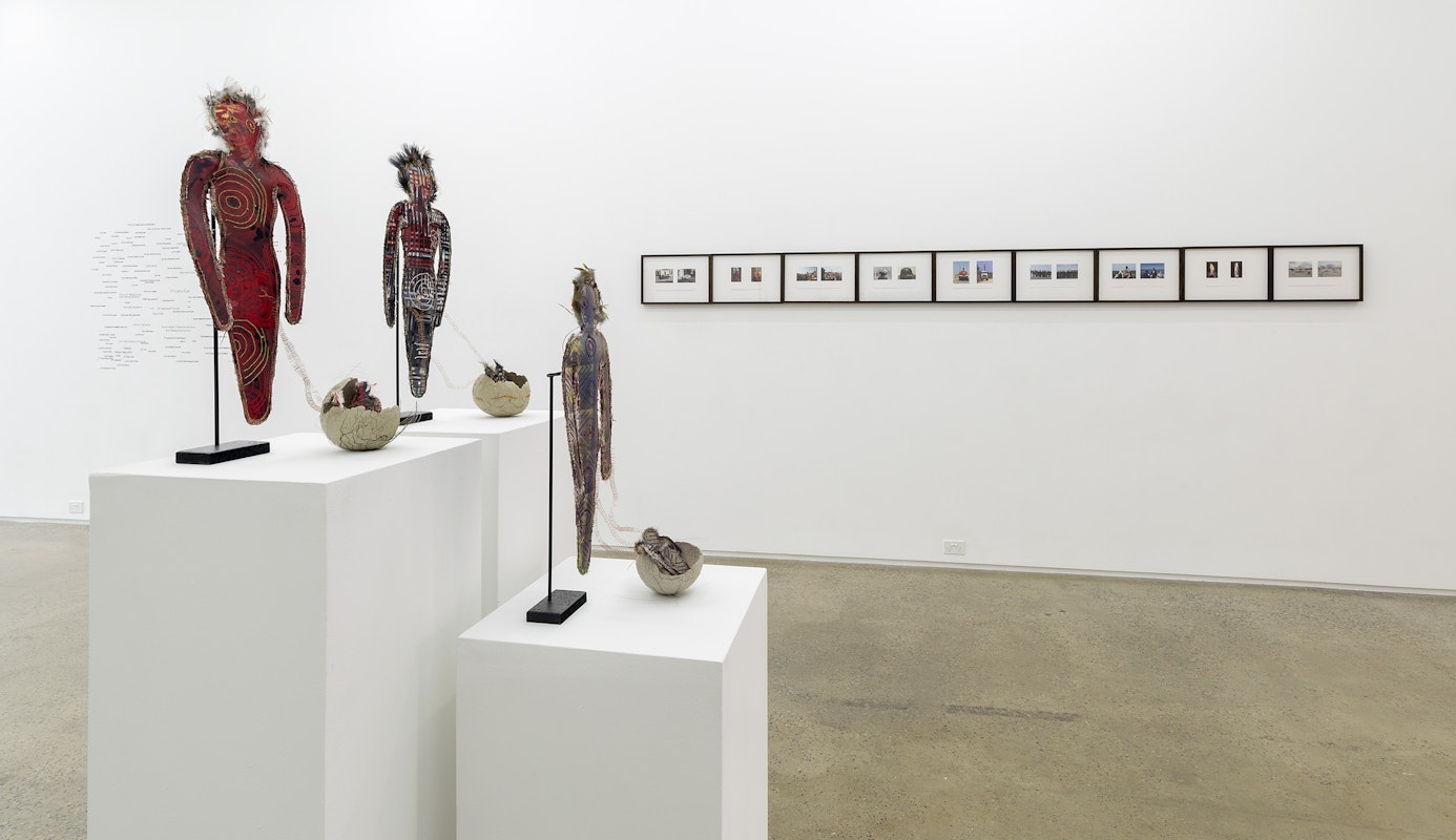 Installation image of Exposure Site at Gertrude Glasshouse, featuring artworks by Lisa Waup and Ezz Monem. Image: Christopher Capurro.