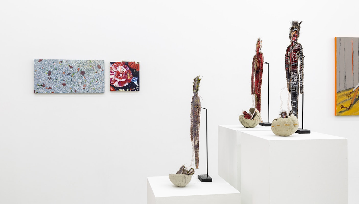 Installation image of Exposure Site at Gertrude Glasshouse, featuring artworks by Gian Manik and Lisa Waup. Image: Christopher Capurro.