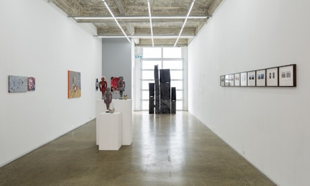 Installation image of Exposure Site at Gertrude Glasshouse, featuring artworks by Lisa Waup, Nina Sanadze, Ezz Monem, Ruth Höflich, Gian Manik and Mia Boe. Image: Christopher Capurro.