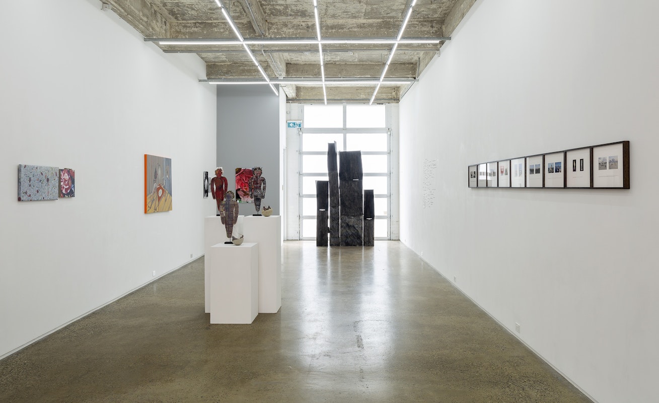 Installation image of Exposure Site at Gertrude Glasshouse, featuring artworks by Gian Manik, Mia Boe, Ruth Höflich, Nina Sanadze, Francis Carmody, Ezz Monem and Lisa Waup. Image: Christopher Capurro. 