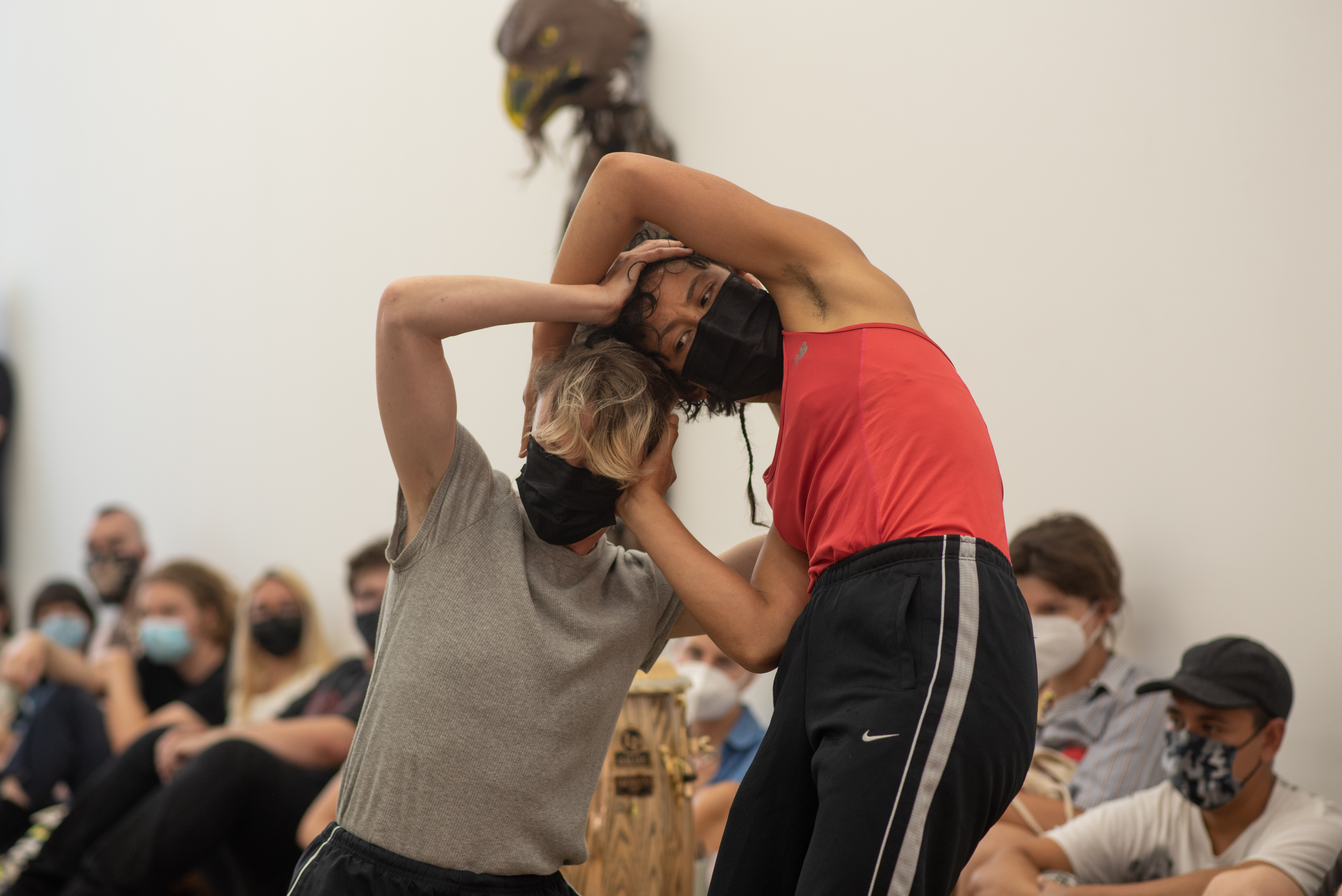 Arini Byng in collaboration with Rebecca Jensen, Lilian Steiner and Rohan Rebeiro, I felt it when you fell, 2021/2, performance documentation, Contact High, Gertrude Glasshouse, Melbourne. Photo: Keelan O’Heir. Courtesy of Gertrude and Performance Review.