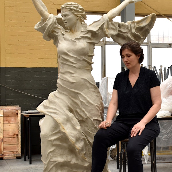 Nina Sanadze with her Call to Peace clay model, 2021. Photo by Mark Henry.