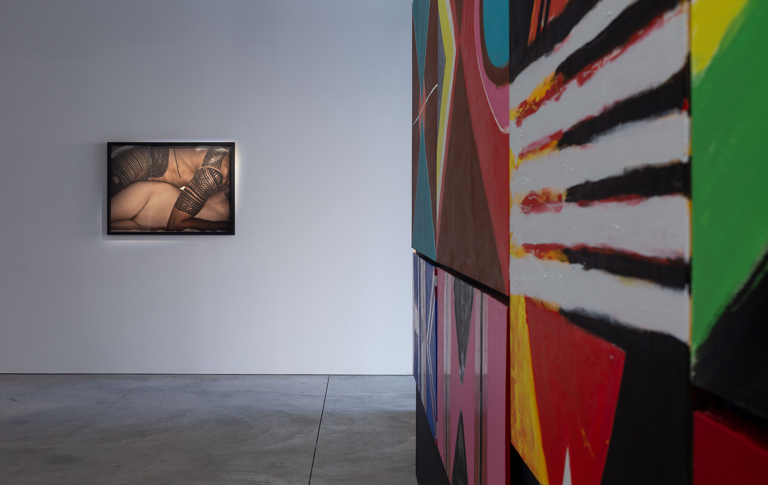 Installation view of Polyphonic Reverb curated by Mark Feary, featuring work by Greg Semu and Yuriyal Eric Bridgeman, presented at Gertrude Contemporary 2022. Photo: Christian Capurro.