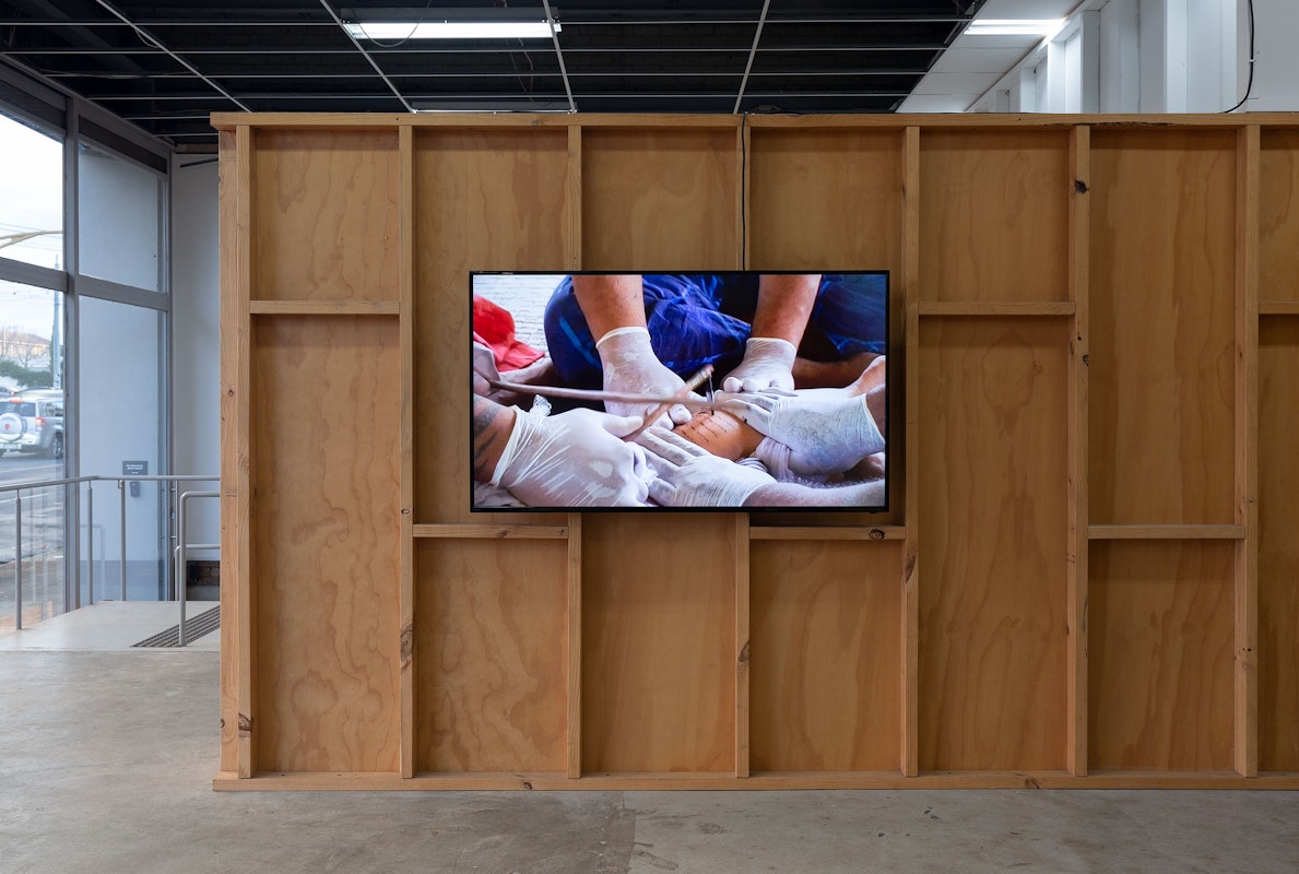 Installation view of Polyphonic Reverb curated by Mark Feary, featuring work by Stevie Fieldsend, presented at Gertrude Contemporary 2022. Photo: Christian Capurro.