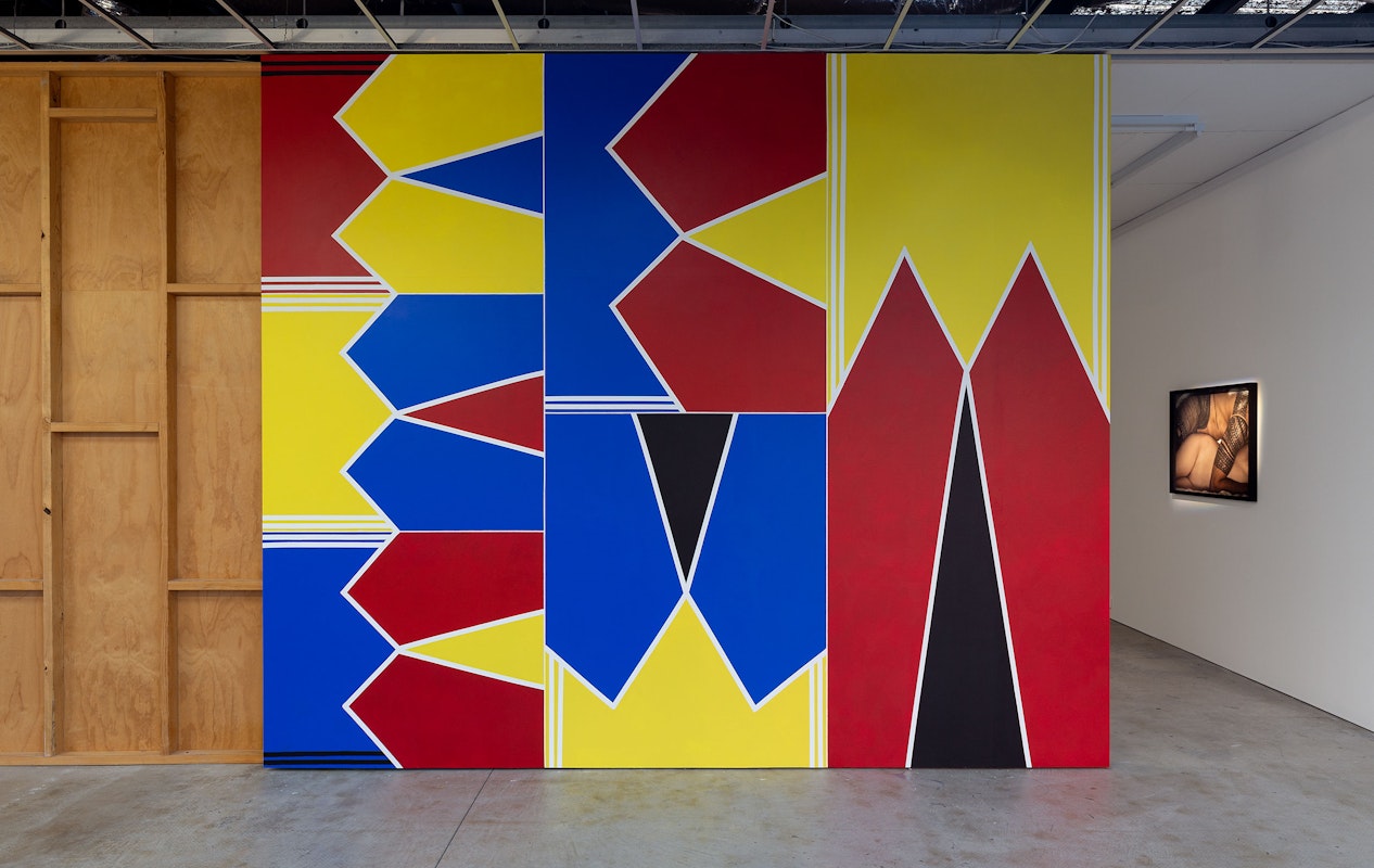 Installation view of Polyphonic Reverb curated by Mark Feary, featuring work by Yuriyal Eric Bridgeman and Greg Semu, presented at Gertrude Contemporary 2022. Photo: Christian Capurro.