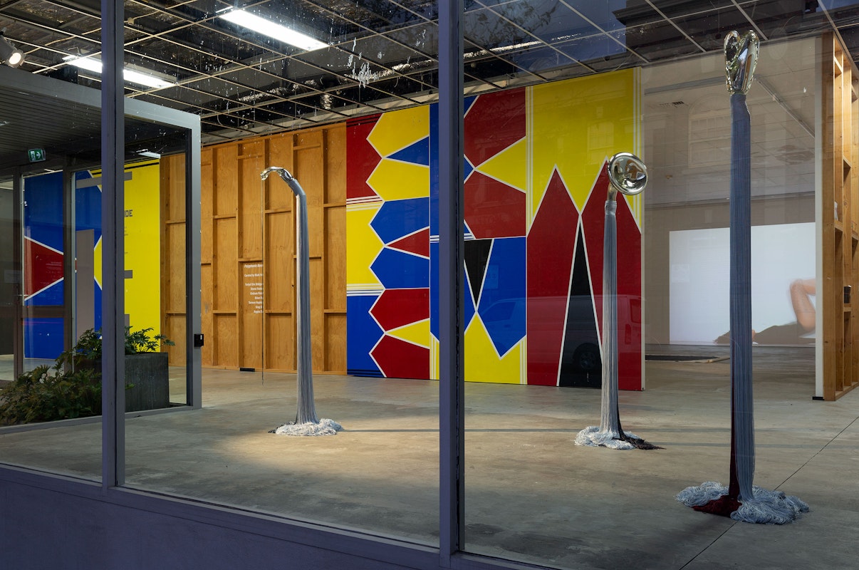 Installation view of Polyphonic Reverb curated by Mark Feary, featuring work by Stevie Fieldsend, Angela Tiatia and Yuriyal Eric Bridgeman, presented at Gertrude Contemporary 2022. Photo: Christian Capurro.