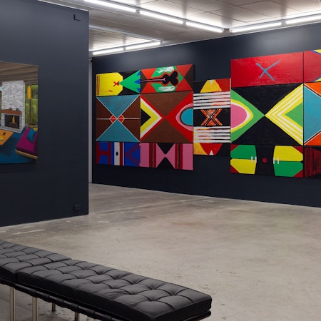 Installation view of Polyphonic Reverb curated by Mark Feary, featuring work by Graham Fletcher and Yurial Eric Bridgeman, presented at Gertrude Contemporary 2022. Photo: Christian Capurro.