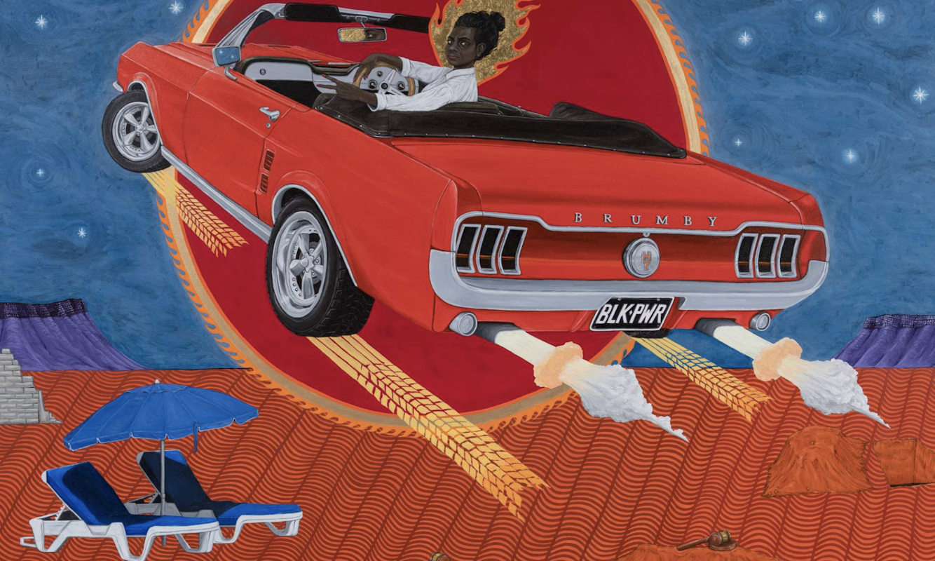 Ryan Presley, The Dunes (How good is Australia), 2021, detail, oil, synthetic polymer paint and 23k gold leaf on poly-cotton, 364cm x 152cm x 3 cm. Courtesy the artist and Milani Gallery, Brisbane.