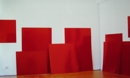 Installation view of Marco Fusinato,'paintings', presented at 200 Gertrude Street, 1996. Photo: Fiona Macdonald (Gertrude Archives).