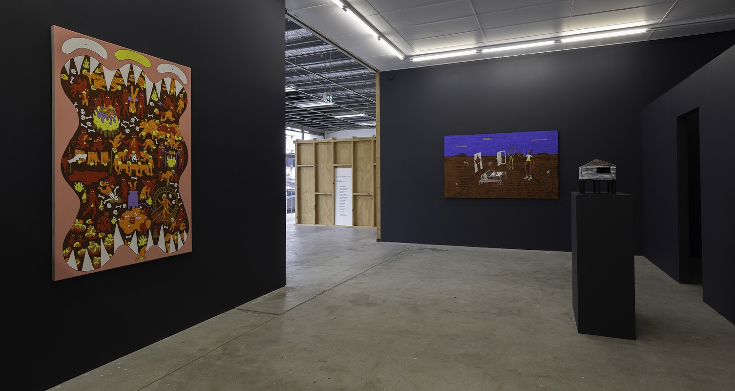 Installation view of Gertrude Studios 2022, curated by Tim Riley Walsh, featuring work by Matthew Harris and Mia Boe at Gertrude Contemporary. Photo: Christian Capurro.