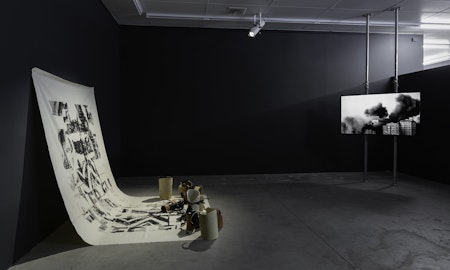 Installation view of Gertrude Studios 2022, curated by Tim Riley Walsh, featuring work by Lisa Waup and Hoda Afshar at Gertrude Contemporary. Photo: Christian Capurro.