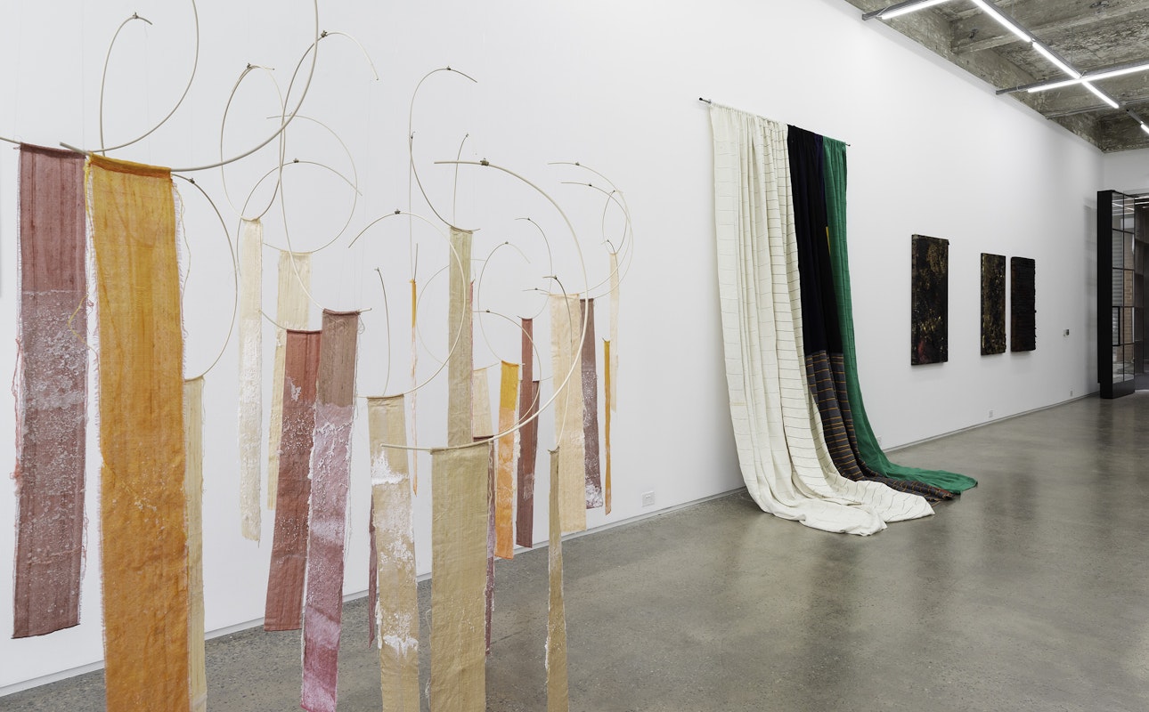Installation view of 'Empty Pockets', curated by Sineenart Meena, featuring work by Linda Sok, James Nguyen and Kirtika Kain at Gertrude Glasshouse. Photo: Christian Capurro.