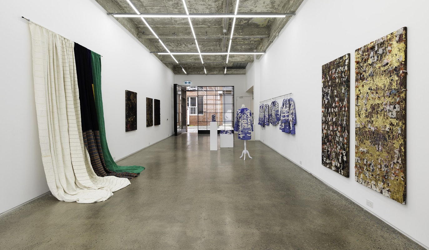 Installation view of 'Empty Pockets', curated by Sineenart Meena, featuring work by James Nguyen, Kirtika Kain and Kay Abude at Gertrude Glasshouse. Photo: Christian Capurro.