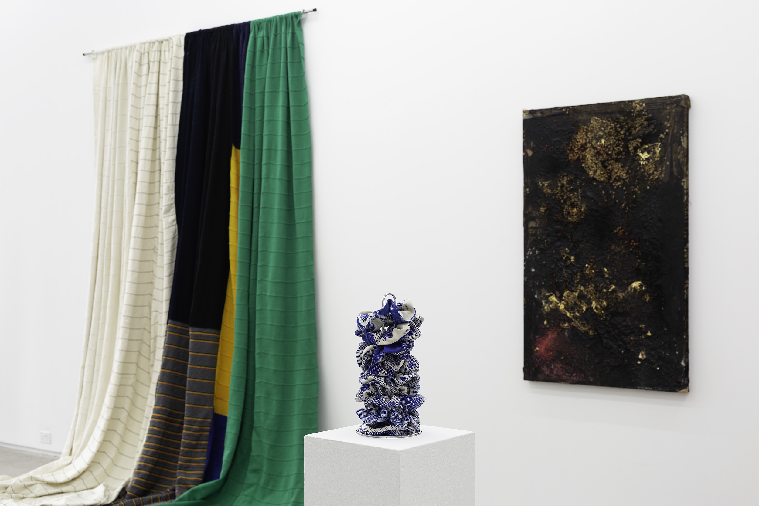 Installation view of 'Empty Pockets', curated by Sineenart Meena, featuring work by James Nguyen, Kirtika Kain and Kay Abude at Gertrude Glasshouse. Photo: Christian Capurro.
