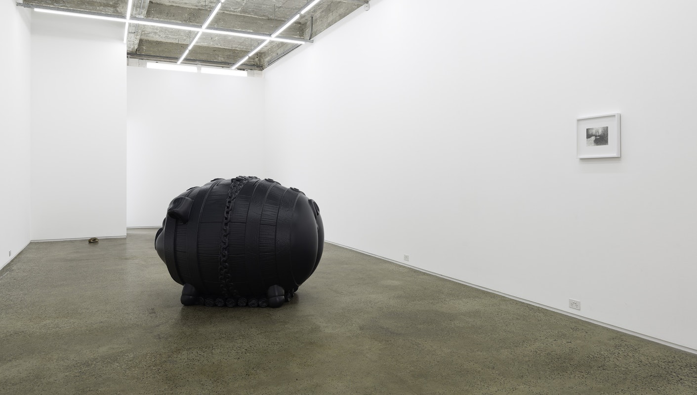 Installation view of Gavin Bell, Jarrah de Kuijer and Simon McGlinn, 'The drunkard's cloak', presented at Gertrude Glasshouse, 2023. Photo: Christian Capurro