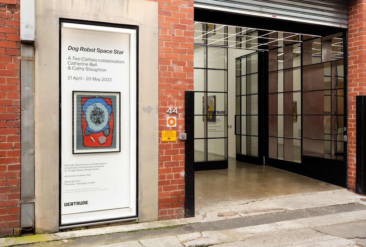 Installation view of A Two Cathies collaboration, Catherine Bell and Cathy Staughton, 'Dog Robot Space Star'. Presented at Gertrude Glasshouse, 2023. Photo: Christian Capurro