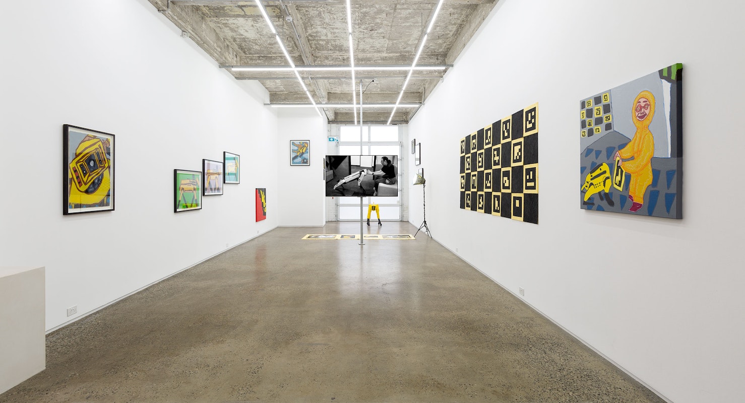 Installation view of A Two Cathies collaboration, Catherine Bell and Cathy Staughton, 'Dog Robot Space Star'. Presented at Gertrude Glasshouse, 2023. Photo: Christian Capurro