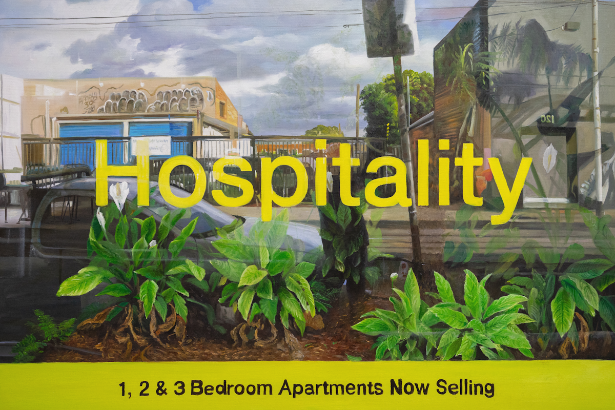 Scotty So, Self portrait in front of the windows of the show room where Tracy will be getting her apartment from, oil on canvas, 60cm x 90cm, 2020 - 2023. Courtesy of the artist and MARS Gallery.